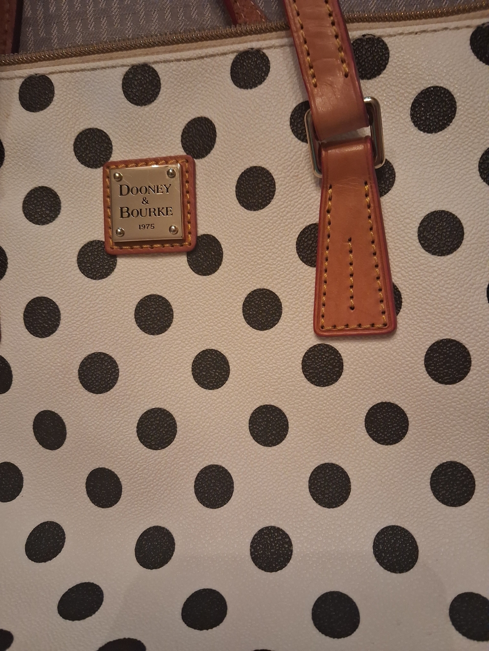 Dooney & Bourke Cream Tote with Black Polka Dots and Tan Leather Trim - Picture 7 of 12